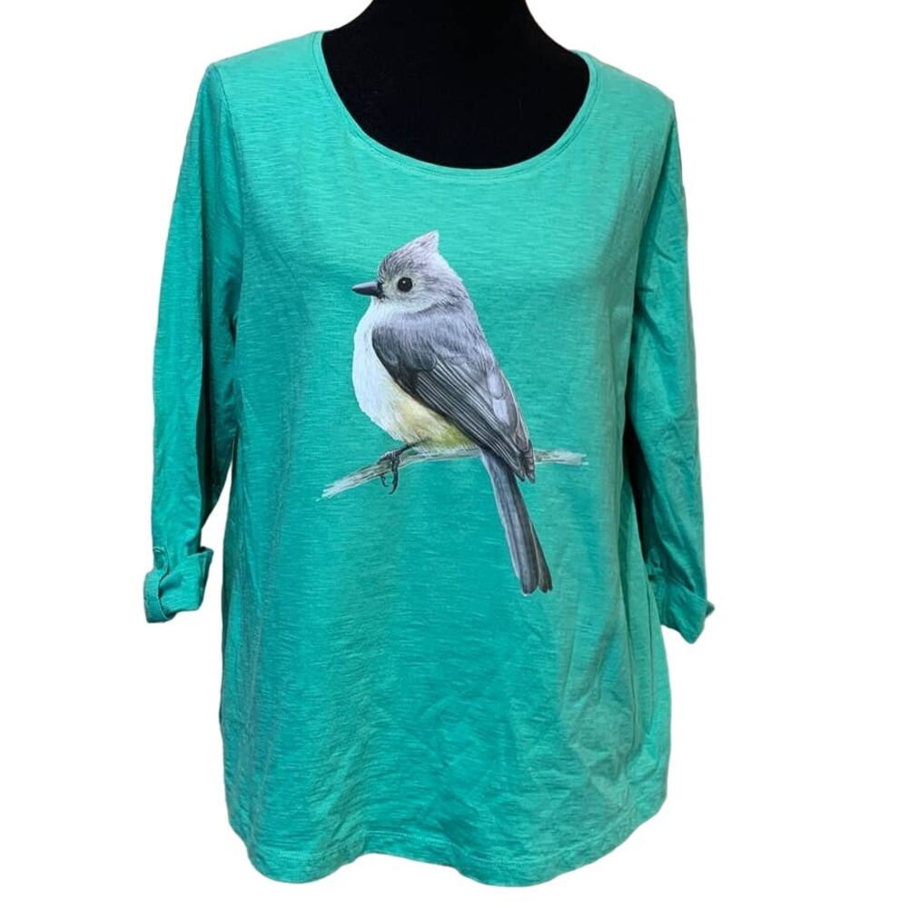 Hand Printed Upcycled Womens XL Tufted Titmouse Bird 3/4 Sleeve Cotton Tee